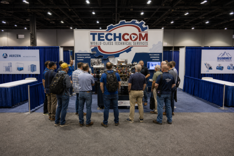 A show-floor shot from the aisle thirty feet back with a TECHCOM cutaway drawing a crowd while the booths on either side sit empty