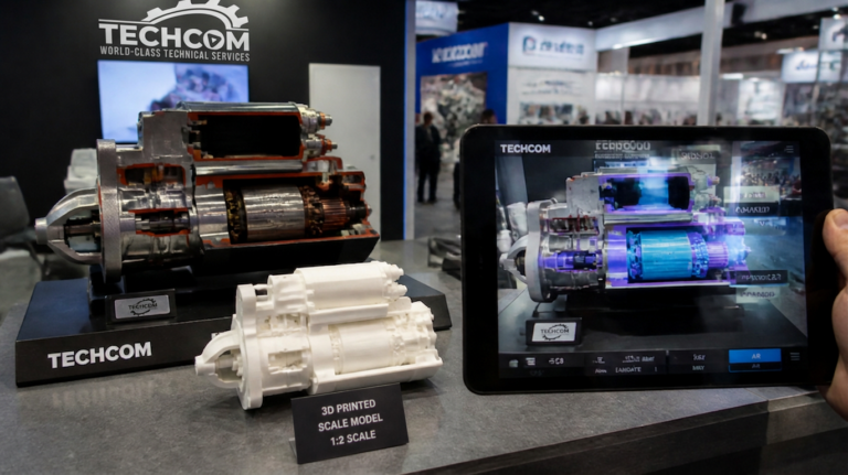 A motorized cutaway on its base, a 3D-printed scale model on the counter in front of it