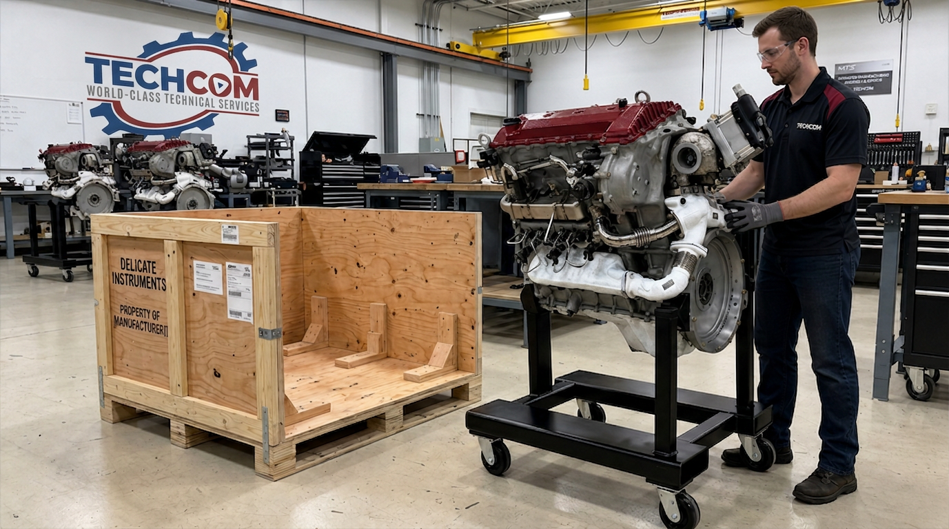 Engine cutaway test-fitted in its steel trade show crate before shipping.