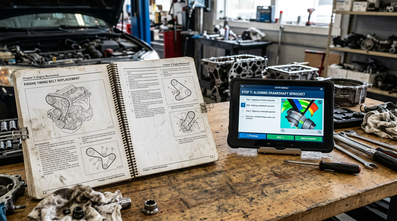 Printed service manual next to the interactive training module built from it.