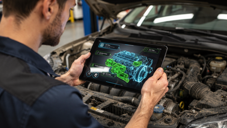 Technician using an AR overlay on a tablet to follow a service procedure on a diesel engine.